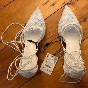 Zara white strappy heels with mesh over toes, Kitten heels with ankle wrap